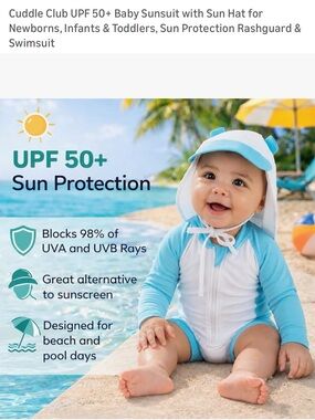 UPF 50+ Baby Rashguard Sunsuit in Light Blue & White with Sun Hat